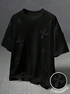Unisex Streetwear Vintage Cross Embroidery Round Neck Short Sleeve T-Shirt, Casual Graphic Tee, a TikTok viral street style top, suitable for streetwear, Y2K outfits, everyday wear