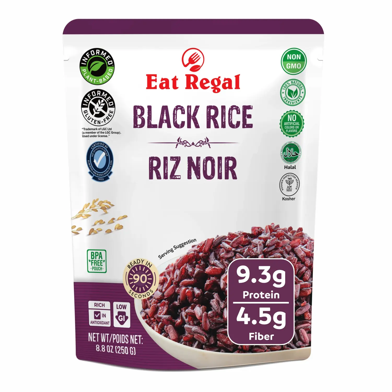 Eat Regal Ancient Black Rice 8.8 oz Pouch Pack of 6 Non-GMO Gluten-Free Ready-to-Eat Black Rice with 4.6g Protein and Antioxidants - Fiber Grain Glutinous Rice Iron