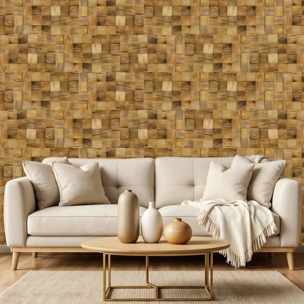 HomeRoots 617485 Handcrafted Solid Brown 3D Embossed Reclaimed Teak Wood 3D Wall Panels - Self-Adhesive, Acoustic, Rectangular Block Design, Health Rate Certified, Commercial Use, Living Room Home Improvement Wall Trim