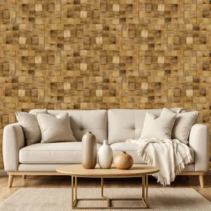 HomeRoots 617485 Brown 3D Embossed Block Reclaimed Teak Wood Decorative Wall Panels, Perfect for Living Room Decor (Home Improvement Wall Trim)