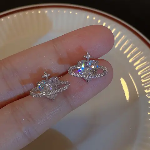 Sparkling Heart Planet Brilliant Stud Earrings, Heart Shaped Earrings, Elegant Artificial Zircon Earrings for Women, Artificial Zirconia Earrings, Shining Earrings, Earrings Jewelry