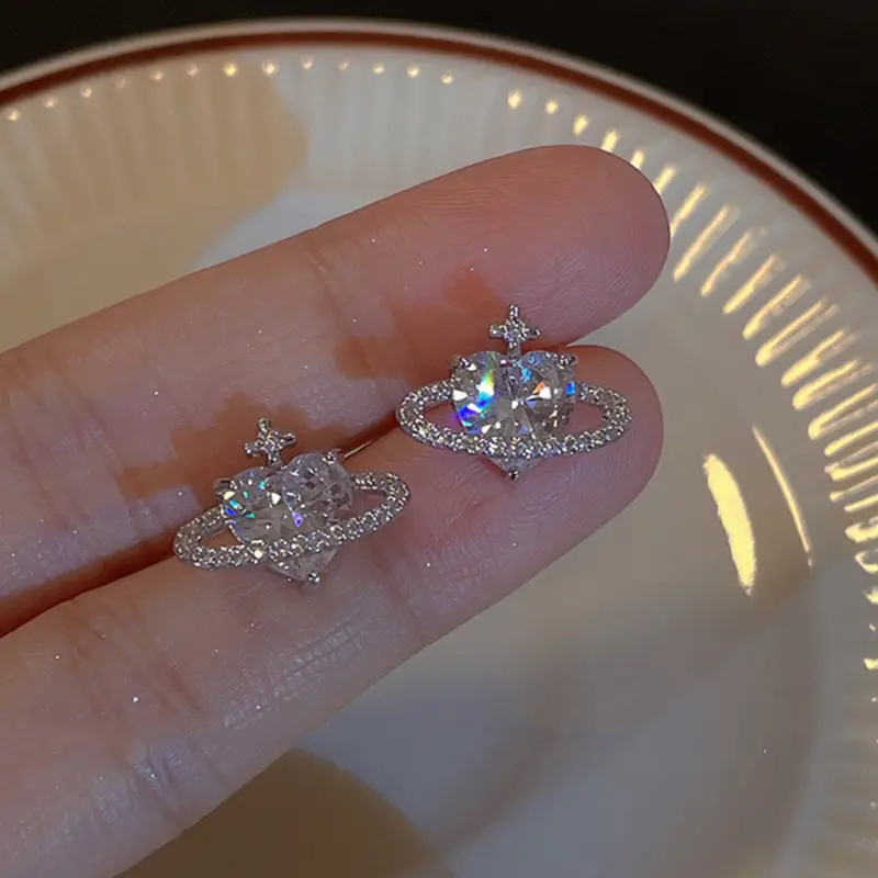 Sparkling Heart Planet Brilliant Stud Earrings, Heart Shaped Earrings, Elegant Artificial Zircon Earrings for Women, Artificial Zirconia Earrings, Shining Earrings, Earrings Jewelry