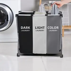 Triple Section Laundry Sorter Basket, Foldable Design with Aluminum Frame, Waterproof Hamper for Efficient Clothes & Toy Organization in Home, Bathroom