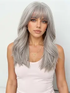 18 Inch Fashionable New Platinum Medium Long Wavy Wigs with Bangs, Synthetic Women's Wigs Suitable for Ordinary Work, Life, Dance Parties and All Occasions