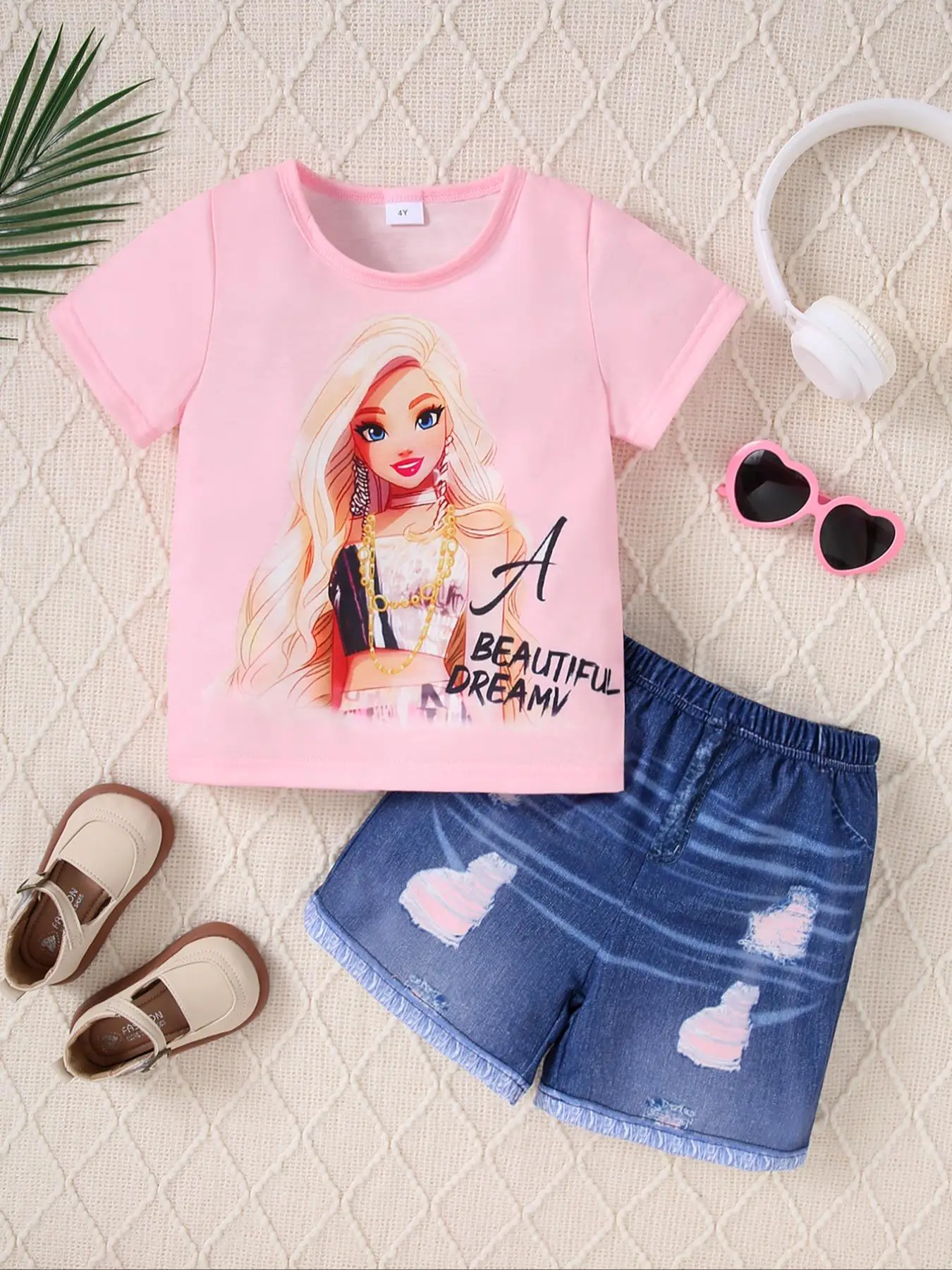 Two-piece Set Girl's Cartoon Print Tee & Denim-effect Print Shorts Set without Accessories, Casual Round Neck Short Sleeve T-shirt & Denim-effect Prin