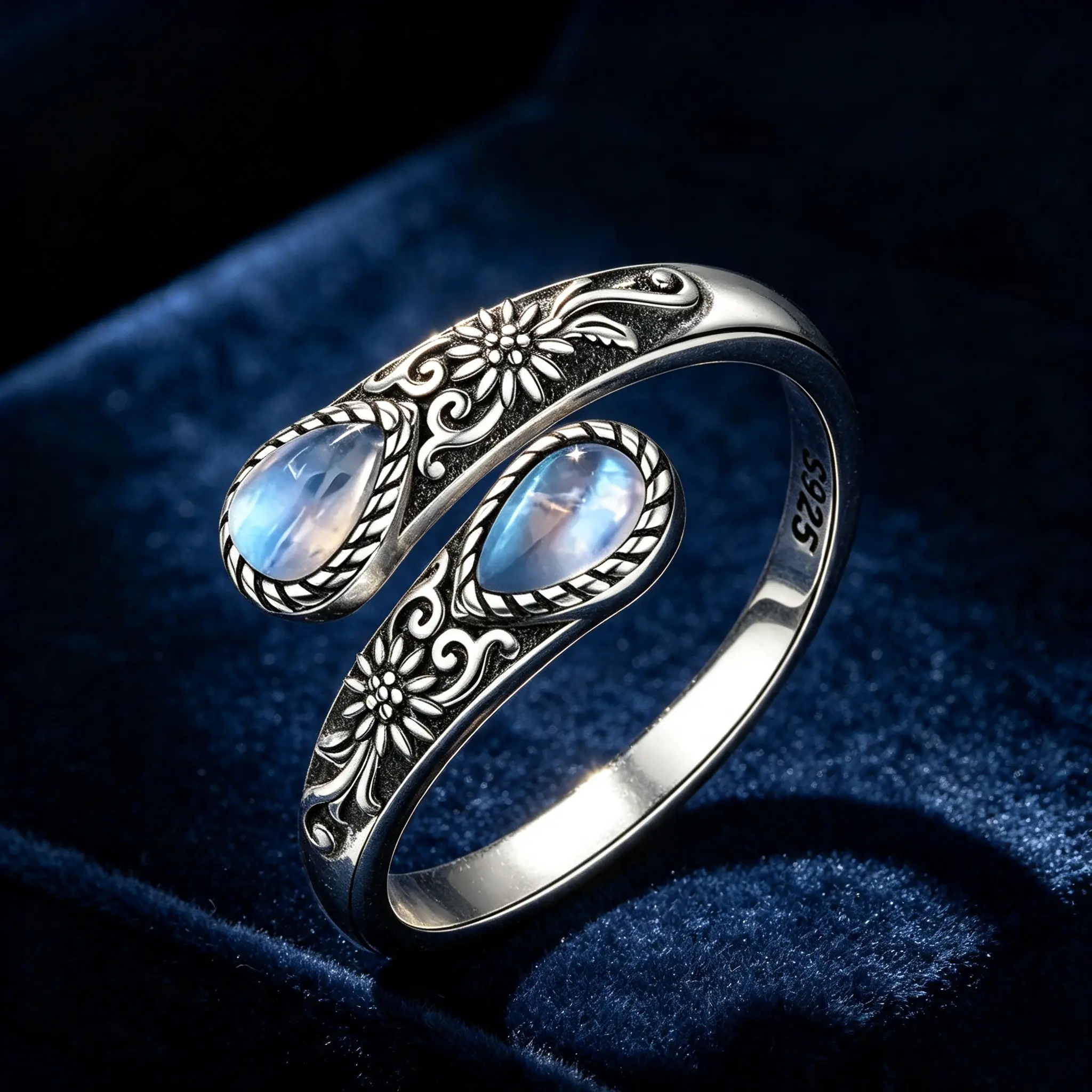 S925 Sterling Silver Synthetic Moonstone Open Adjustable Thumb Ring for Women, Victorian Vintage Retro Floral Bohemian Ring, Hypoallergenic Nickel Free Lucky Mother's Love Jewelry, Gift for Valentine's Day, Easter, Halloween