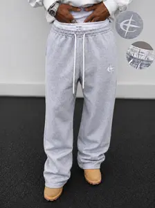 Mens Straight Leg Sweatpants Double Waistband Loose Fit Drawstring Pants Baggy Streetwear Bottoms Layered Waistband Detail Heather Knit Look Stacked Ankle Casual Campus Lounge Gym Travel Daily Errand Wear