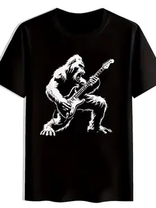 Bigfoot Playing Guitar 100% Cotton Graphic T-Shirt– 2D Print, suitable for sports, travel and everyday wear, regular fit, 100% cotton knit fabric, suitable for everyday wear, makes a great gift.Graphic tee,90s graphic tees,men's t shirts,funny graphic tee