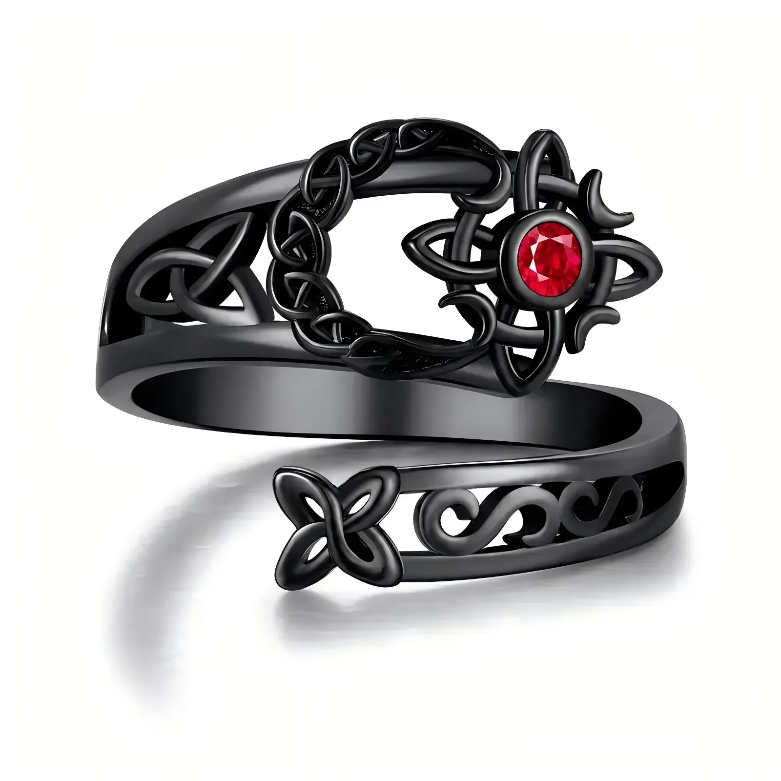 Witch's Knot Ring for Women, Celtic Dark Silver Plated Copper with Red Cubic Zirconia, Adjustable Open Band, Witchy Dark Aesthetic Jewelry Gift, Dark Aesthetic Rings, Rings For Women