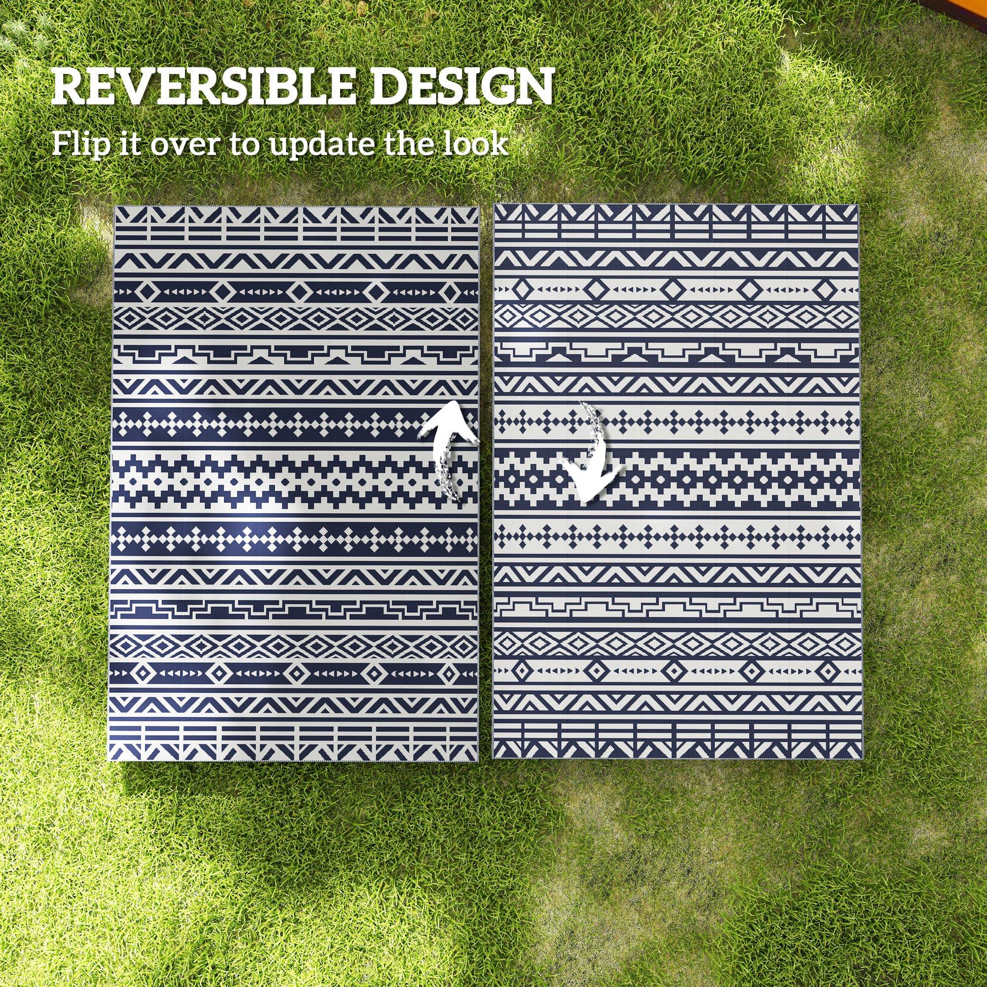 Flip It for a Fresh Look! Reversible Waterproof Outdoor Rug – Blue & White Geometric, 6'x9' with Carry Bag – Perfect for Patio, Camping & Beach