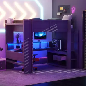 Full Size Gaming Loft Bed with Desk, Multi-storage Shelves, LED and Charging Station, Solid Wood Loft Bed Frame for Teens Adults, Dark Gray