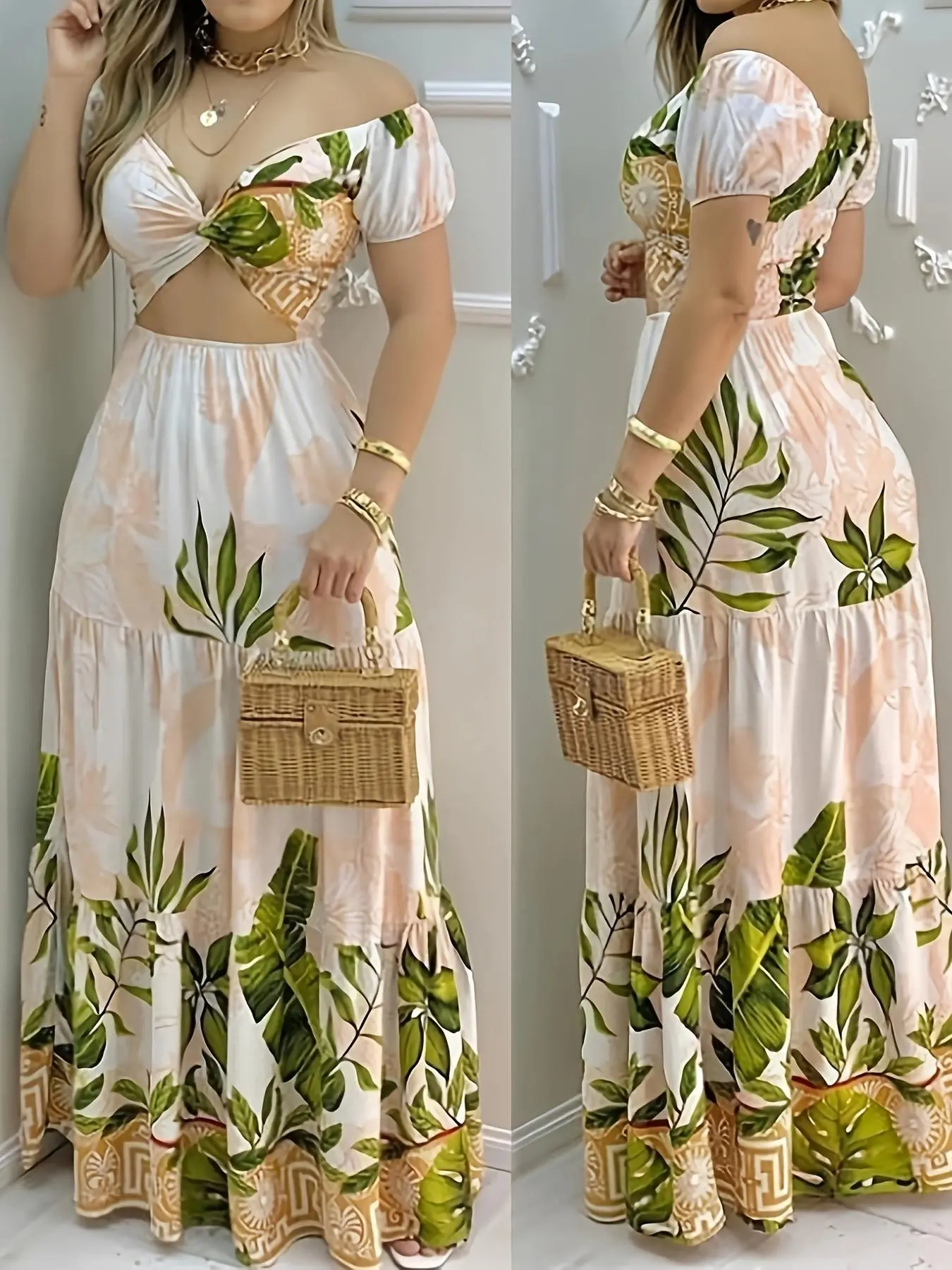Women's Bohemian Style Plant Print Summer Dress, Fashion Cut Out Dress for Beach Holiday Vacation, Ladies Dress for Summer, Casual Wear