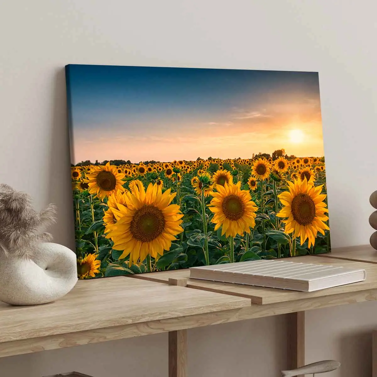 Sunflower Field Sunset Poster, Modern Art Canvas Print, Solid Wood Frame, Waterproof Wall Decor for Bedroom & Office, Ideal Gift