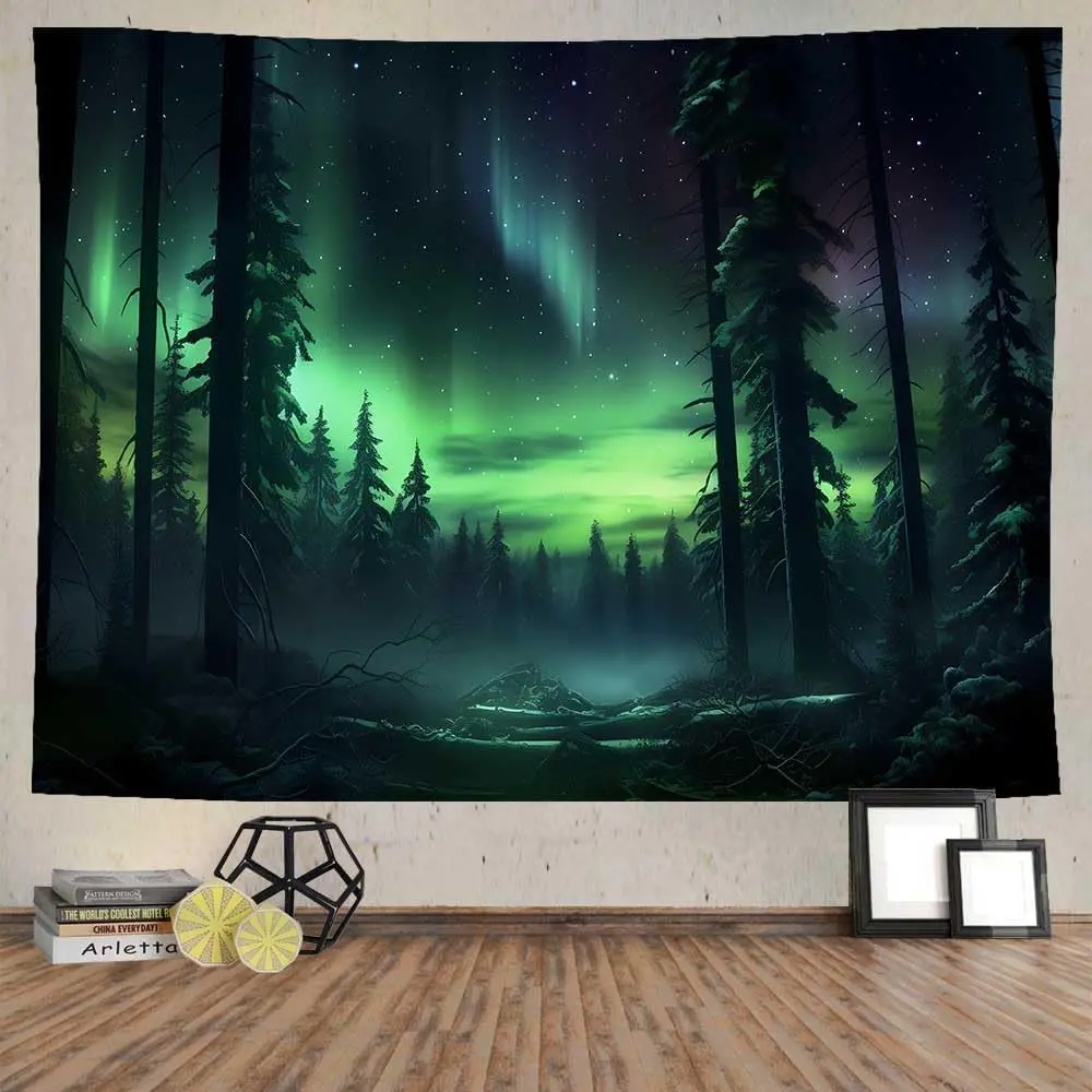 Northern Lights Forest Tapestry - Aurora Borealis, Misty Pine Trees, Trippy Aesthetic 1-Piece Wall Art, Multi-Size Home Decor to Light Up Your Space for Bedroom, Living Room, Dorm, One-Piece