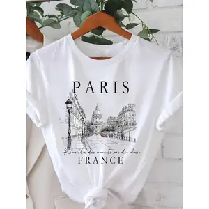 Women's 100% Cotton Flat Printed Short-Sleeve Round Neck T-Shirt - Classic Casual Fabric Top, Paris France Graphic Streetwear, for Spring & Summer, Shortsleeve