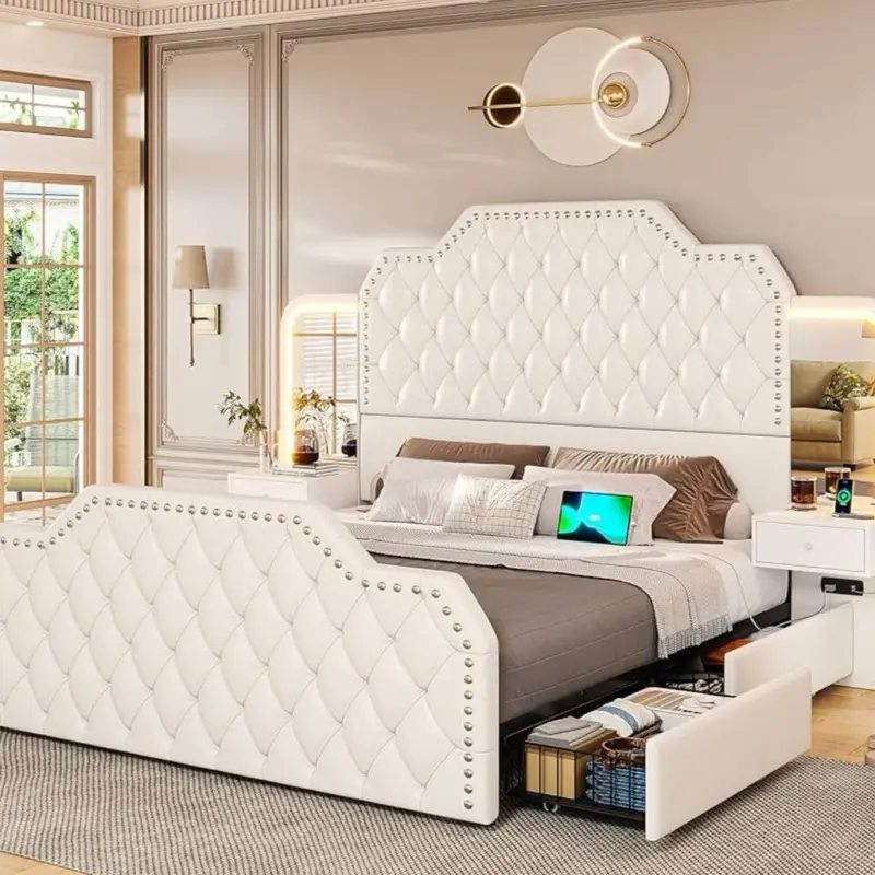 Queen Size 53” Platform Bed Frame with 4 Storage Drawers, PU Leather Upholstered Queen Bed Frame with Deep Button Tufted Headboard and Footboard, Built in Charging Station & LED, White