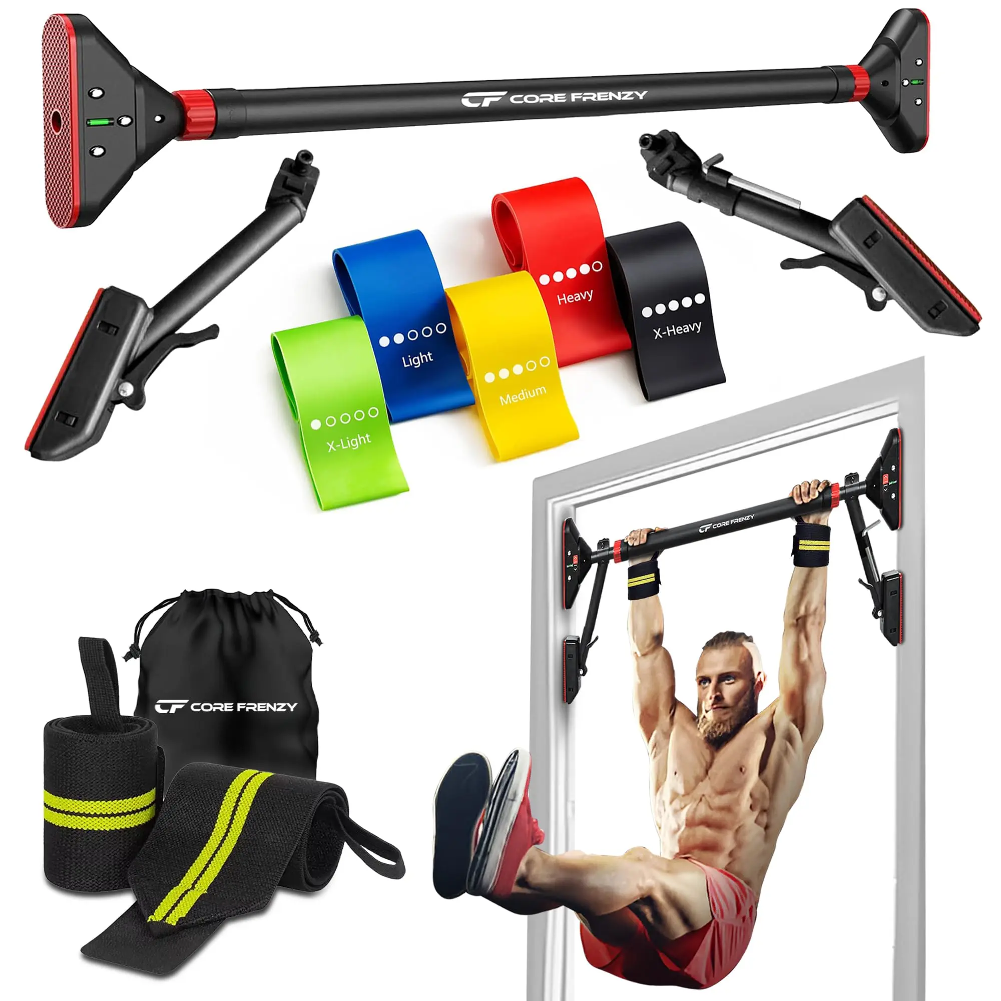 Core Frenzy Pull Up Bar for Doorway with Resistance Bands No Screw Installation Chin Up Bar for Upper Body Workout Equipment & Exercise 29.9-37.5 Adjustable Width Locking Mechanism Max Weight 880 lbs Whole Body Workout, Stretching Gear  Training Equipment