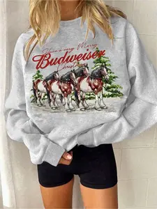 Women's Light Christmas Horse Print Pullover Sweatshirt, Vintage Simple Youth Casual Fashion, Comfortable Campus Wear