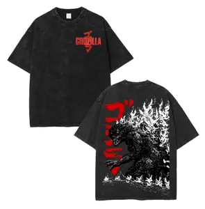 Godzilla Kaiju Vintage Washed Anime T-Shirt Japanese Monster Graphic Acid Wash Tee