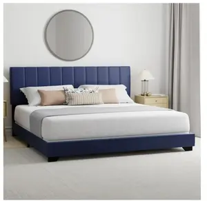 Reece Channel Stitched Upholstered King Bed Sapphire Blue Modern Design with Comfortable Mattress