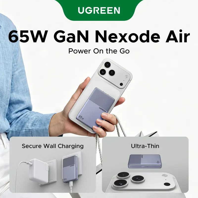UGREEN Nexode Air 65W 3-Port USB C Charger Block, Flat USBC Wall Charger, Ultra Slim and Foldable Plug Power Adapter for MacBook Air/Neo/Pro, iPhone 17 16, Galaxy S26/S25, iPad, Grey