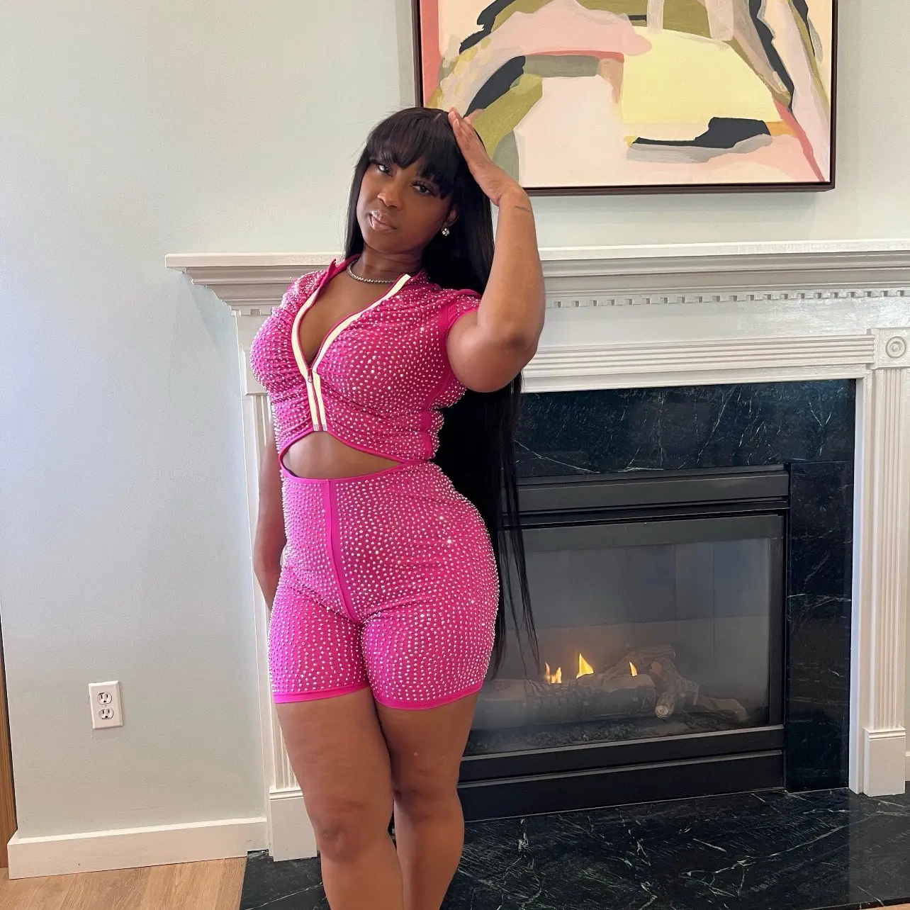 Pink Romper with rhinestone detail