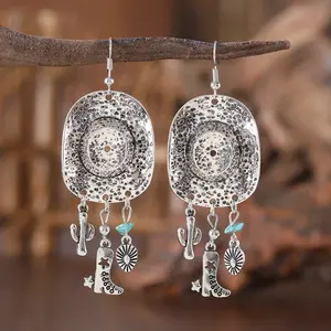 Vintage Punk Western Style Cowboy Hat Cactus Cowboy Boots Earrings Chic Silvery Tassel Charm Women's Earrings Quirky Lightweight Durable Earring Jewelry Daily Wear Vacation Travel Beach Jewelry Gift
