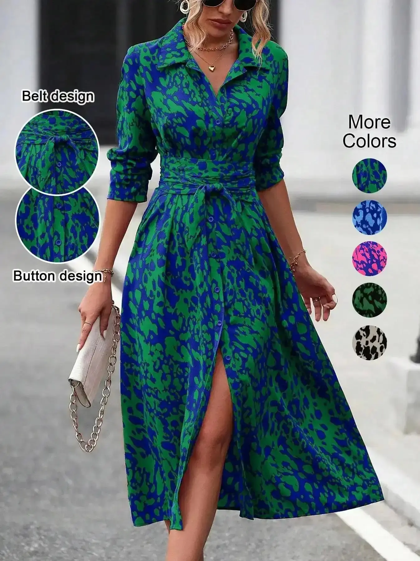 Women's Spring Autumn Elegant Boho Bohemian Casual Wear Geometric Tie Dye Print Button Front Belt Midi Dress, Long Sleeve Fitted Design, Multiple Color Options, Womenswear, Fashion Forward, Modern Classic, Soft Material