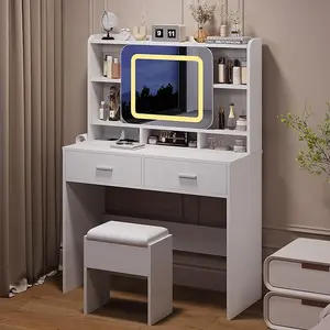 Vanity Desk Makeup Vanity Table with Slides Mirror , Dressing Table Set with Stool, 5 Storage Shelves 2 Drawers, Plugboard and Hanger