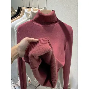 Turtleneck Winter Sweater Women Elegant Thicken Velvet Lined Warm Sueter Knitted Pullover Slim Tops Jersey Knitwear Jumper New Womenswear Knitting