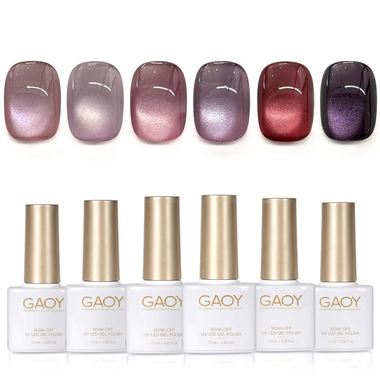 GAOY Purple Glitter Cat Eye Gel Polish 6 Colors with Magnet, Violet Flame | UV Lamp Required, Holographic, Nail Art DIY at Home, Salon Manicure Pedicure, Long Lasting, Gift for Women