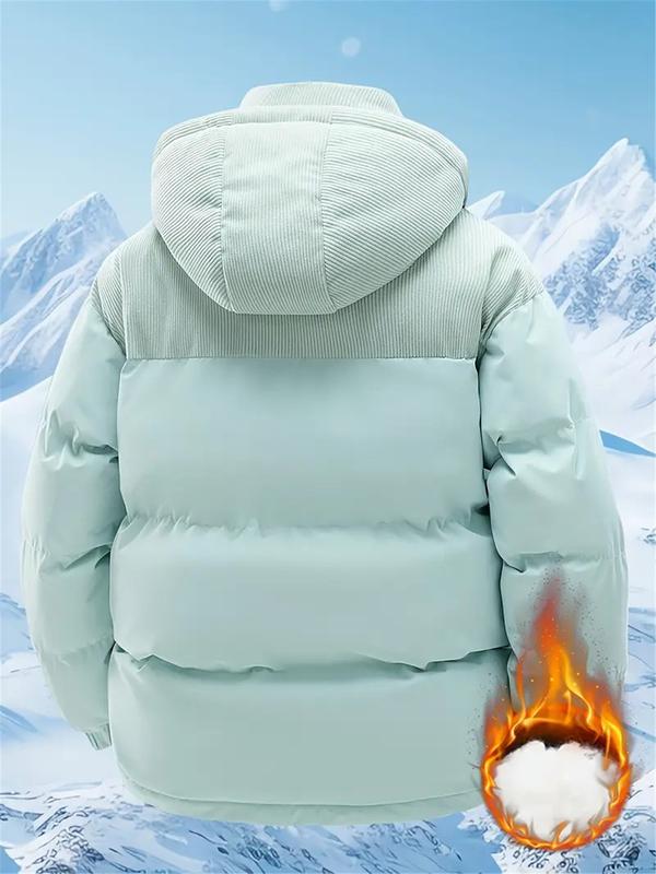 Men's Winter Hooded Jacket - Removable hood, colorblock design, warm wool-lined coat, zipper closure, casual style for cold weather, winter jacket, suitable for couples, windproof and machine washable coat Cotton Fleece Menswear Outdoor Thick