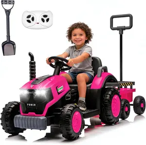 Kids Ride On Tractor with Detachable Trailer,12V Powered Children's Farm Tractor Toy Car with Remote Control, LED Lights, Music, Radio,Bluetooth & Horn,Electric Car for Kids Age 3-6(Megenta)