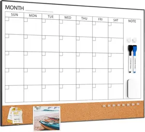 Dry Erase Calendar with Cork Board for Wall, 24"x 18" Magnetic Calendar Whiteboard with Black Frame, Monthly Combination Board for School, Home, Office