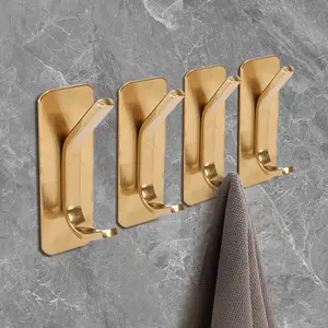 4 pack Stainless Wall Hook Bathroom Towel Hooks Brushed Gold Self Adhesive Coat Hooks Sturdy Metal Hanger Robe Hook Wall Mounted for Bathroom, Kitchen, Door