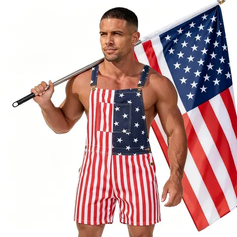 Menswear Stretchy Polyester Denim Festive Overalls - Men's & Women's Cute Romper Shorts, Adjustable Loose Straps, Loose Fit, 4th of July USA 250th Anniversary Patriotic Couple Gifts, Summer Outdoor Workwear, Blue Boat Coveralls