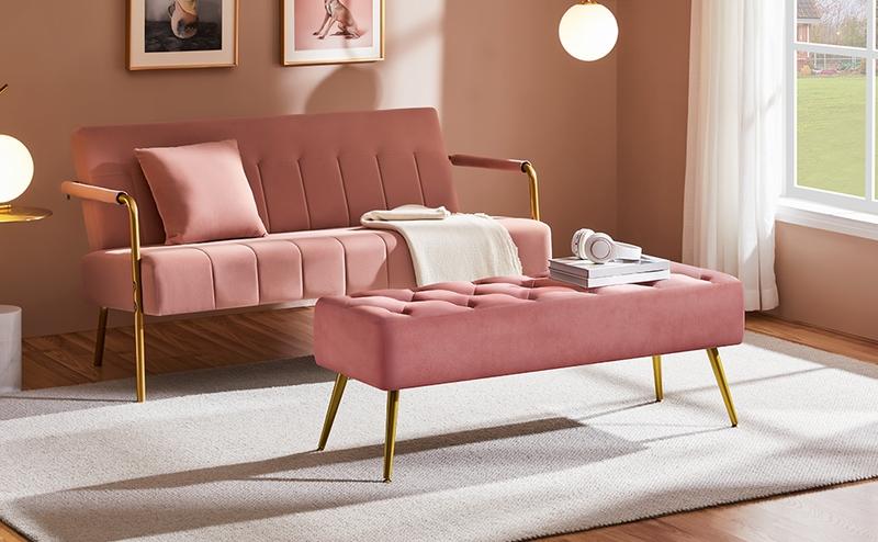 Yaheetech Ottoman Footstool Bench Boucle/Velvet Benches Upholstered Footrest with Gold Metal Legs and Padded Seat for Living Room