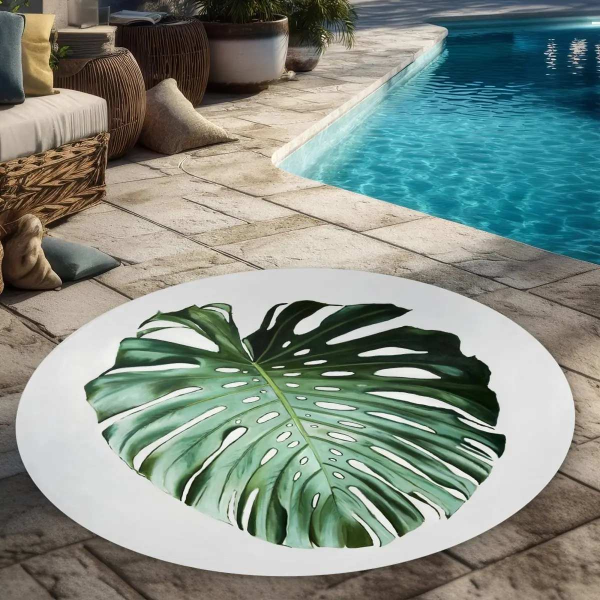 360 stand Round Printed Face Monstera Leaf Rug - 5x5 ft, Weatherproof, Tropical Vibe, Green Nature-Inspired Decor for Kitchen, Outdoor Areas, Round Shape, Tropical Area Rugs, Home Decorative Rugs, Plants