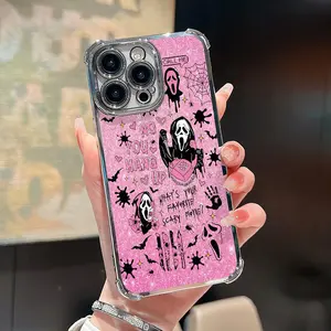 Electroplated Four Corner Anti-Fall Pink Horror Pattern Phone Case for iPhone 17 Pro Max 16 Plus 15 14 13 12 11 Shockproof Transparent Protective Cover QXA292 Protection Smartphone Casing