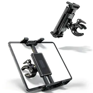 Multifunctional stand for treadmills, exercise bikes, strollers, golf carts, and microphone stands; holds phones and tablets securely with non-sli; adjustable at multiple angles; universal for outdoor use; hands-free and safe for navigation viewing
