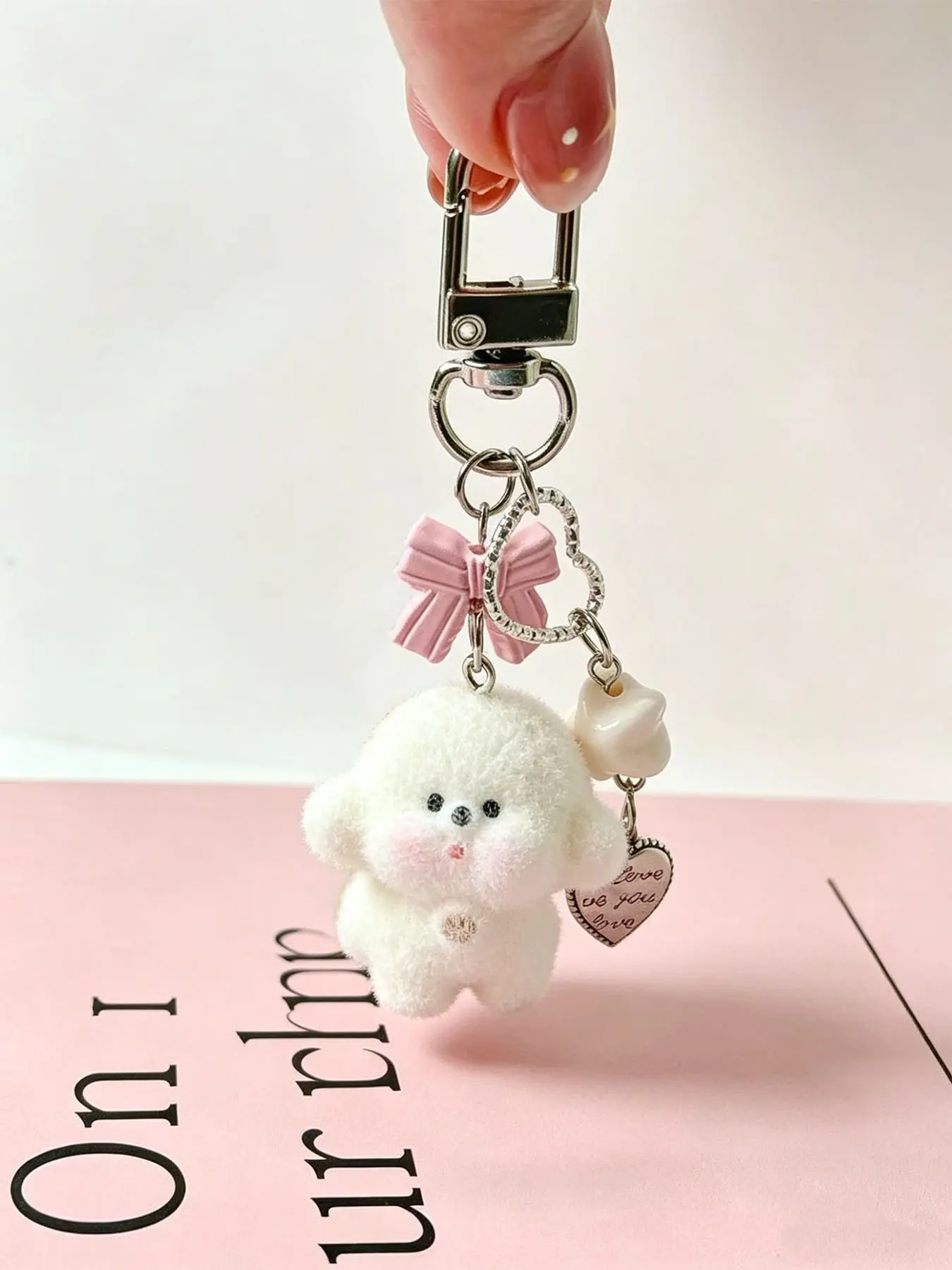 Cute Plush Dog Keychain, Sweet Bow Heart Pomeranian, Phone Chain Bag Charm, Fuzzy Pendant, Cute Soft Keychains, Cute Keychain Accessory, Heart Design Keychain, Healing Gift, Companion Gift, Kids Gift, Couple Gift, Keychain Kawaii