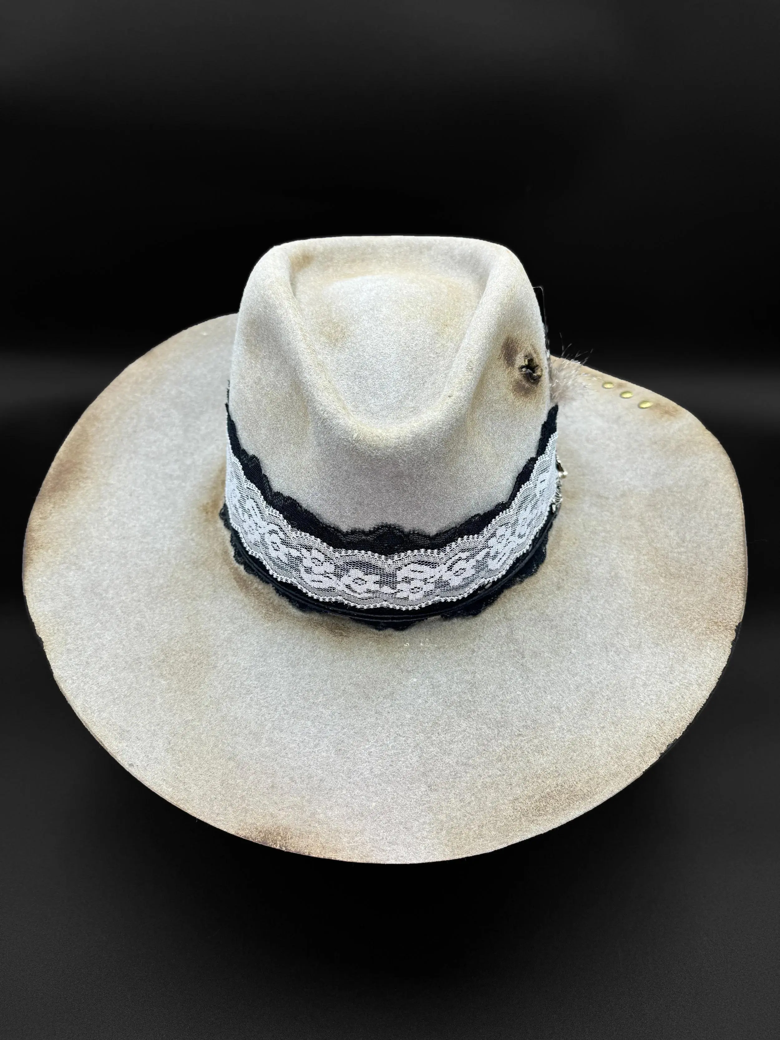 Bordello Teardrop Crown Rabbit Felt Hat with Lace Bands Corset Stitching Bullet Hole Detailing Ace of Spades Charm Size 7 3/8