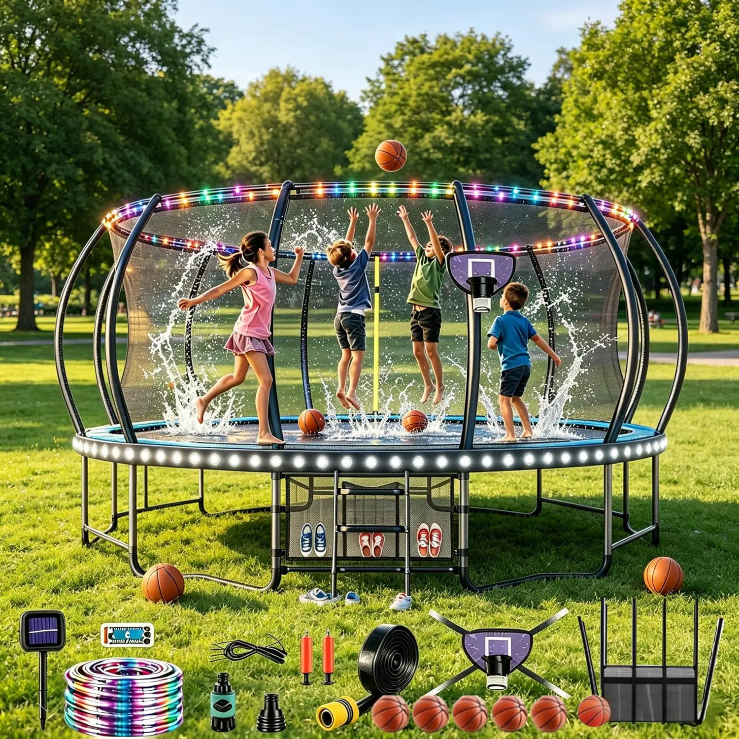 Trampoline Accessories Kit for  - 4-in-1 Summer Fun (Basketball Hoop + 72FT Solar Colored Lights + Water Sprinkler+ 3 Grid Shoe Bags)-Fits 8-16ft Trampolines