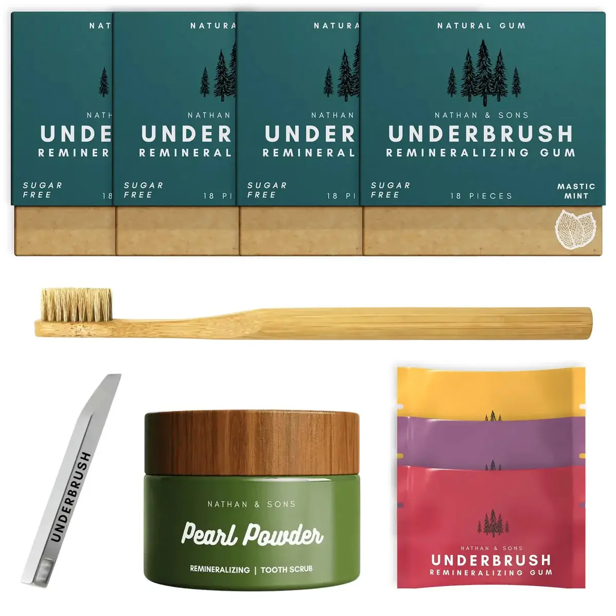 NATHAN & SONS Oral Care Bundle - Underbrush Remineralizing Gum 4-Pack, Mint Flavor, Pearl Powder Tooth Scrub, Boar Bristle Toothbrush Kit, Bonus Sampler Packs