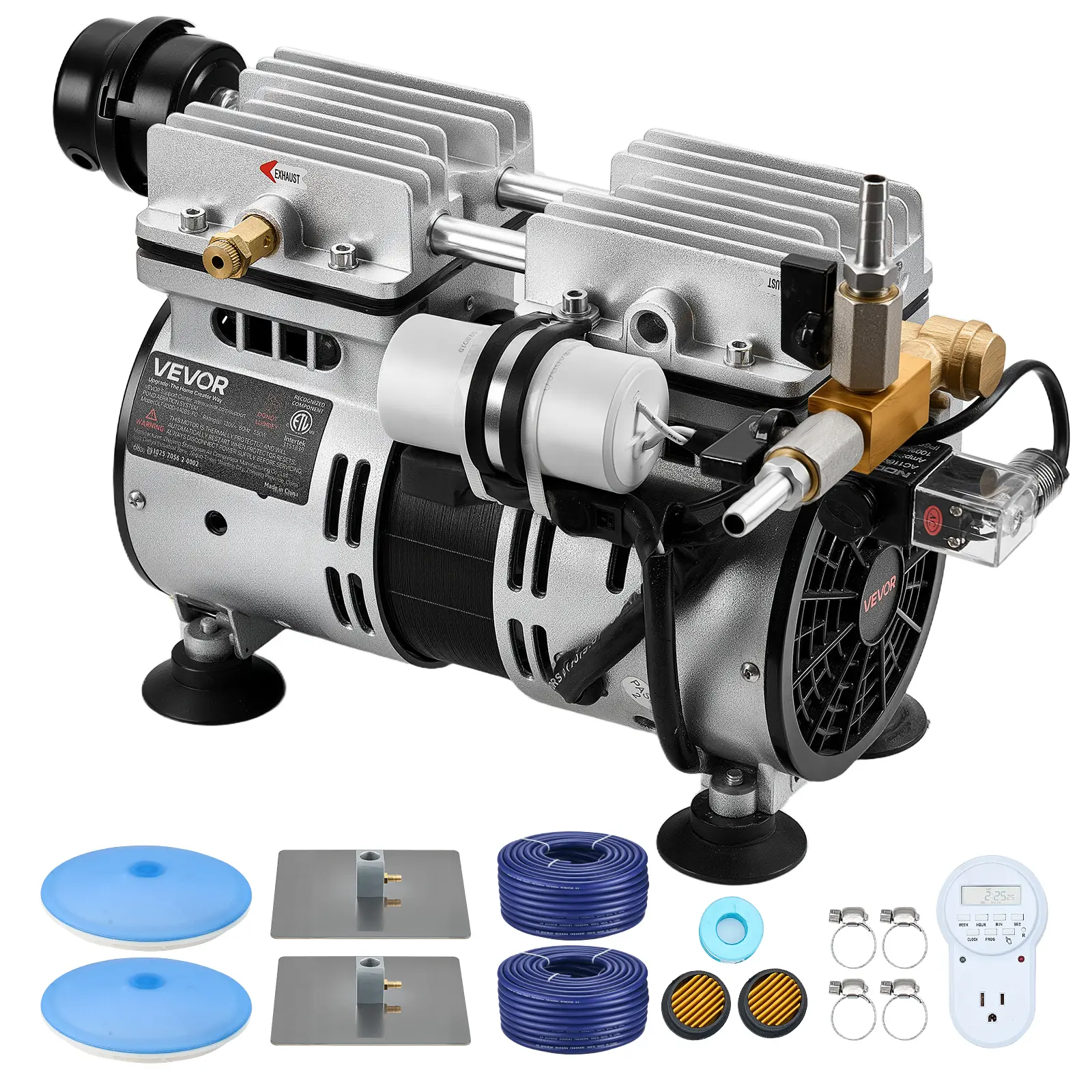 【SummerFinds】VEVOR Pond Aerators, 5.2CFM Aeration System for Lakes up to 3 Acres, 3/4 HP Air Compressor, 2 Diffusers & Two 100' Weighted Tubings, Outdoor Pond Aeration Pump for Deep Water Oxygen Circulation