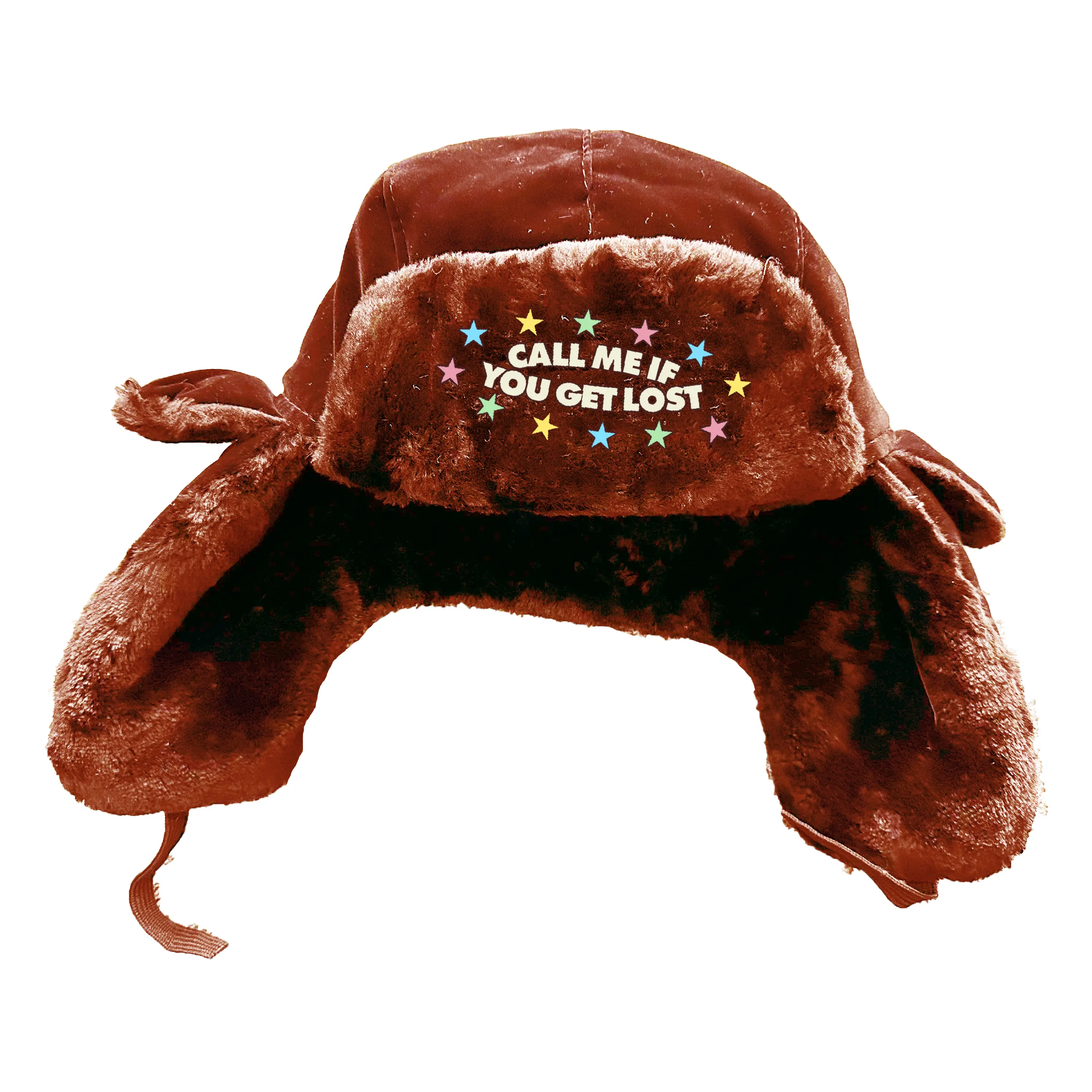 CMIYGL Brown Wool Ushanka Hat with Adjustable Fit & Front Embroidered Stars "Call Me If You Get Lost" Design One Size Fits All