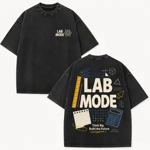 Trendy Vintage Washed Lab Mode Graphic Tee Oversized Soft Cotton Double Sided Atom Calculator Grid Print Think Big Build Future STEM Student Casual Streetwear Top
