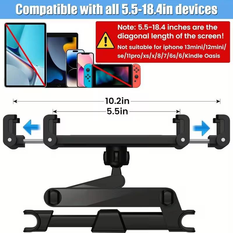 3In1 Car Headrest Tablet Holder for iPad/Phones, 360° Rotating Adjustable Trip Essentials, Black Color, ABS Material, Universal Fit for 4.7-11 Inch Devices, Easy Installation