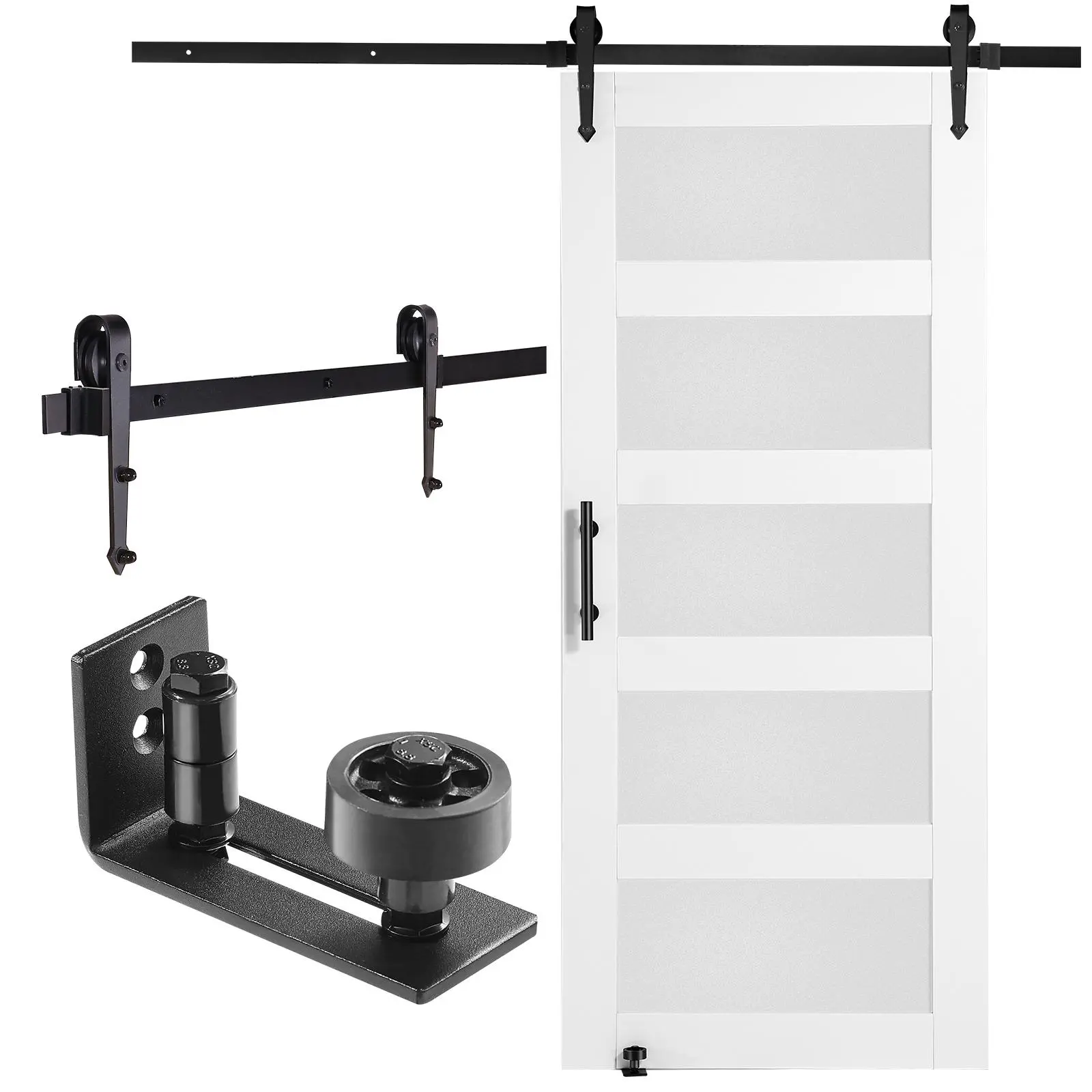 【BackToSchool】VEVOR Barn Door and Hardware Kit, 36" x 84" Wood and Glass Sliding Barn Door, Smoothly and Quietly, Barn Door Kit with 8-in-1 Floor Guide and Door Handle, Spruce Wood Slab and Frosted Glass