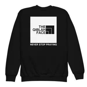 CHILDREN's Crewneck Sweatshirt - THE QIBLAH FACE (Never Stop Praying - Back Logo) - White